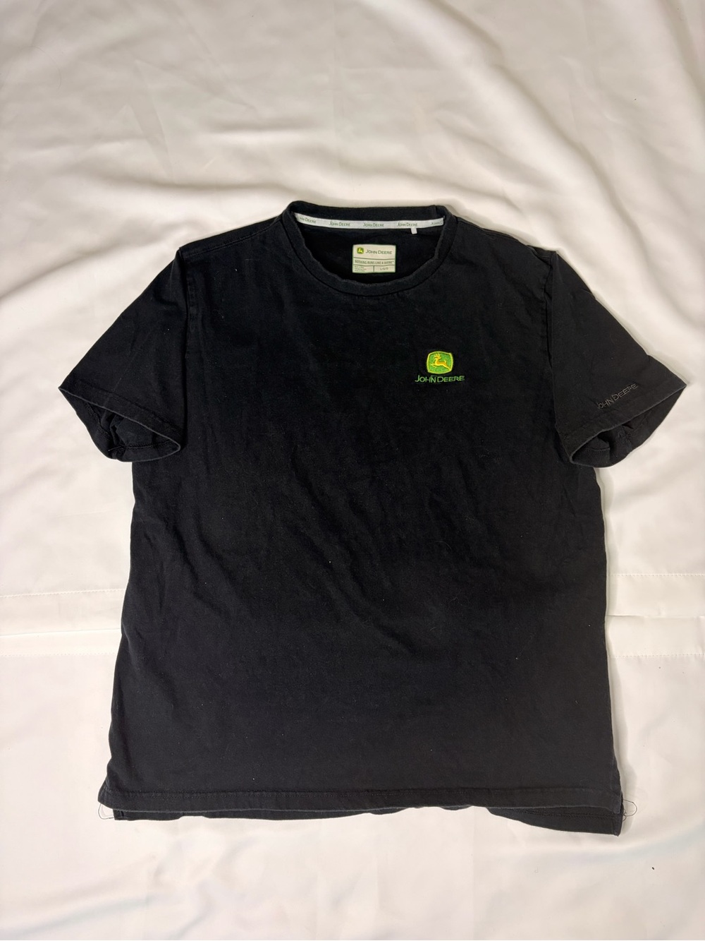 John Deere Black T Shirt L Embroidered Logo Cotton Graphic Tee